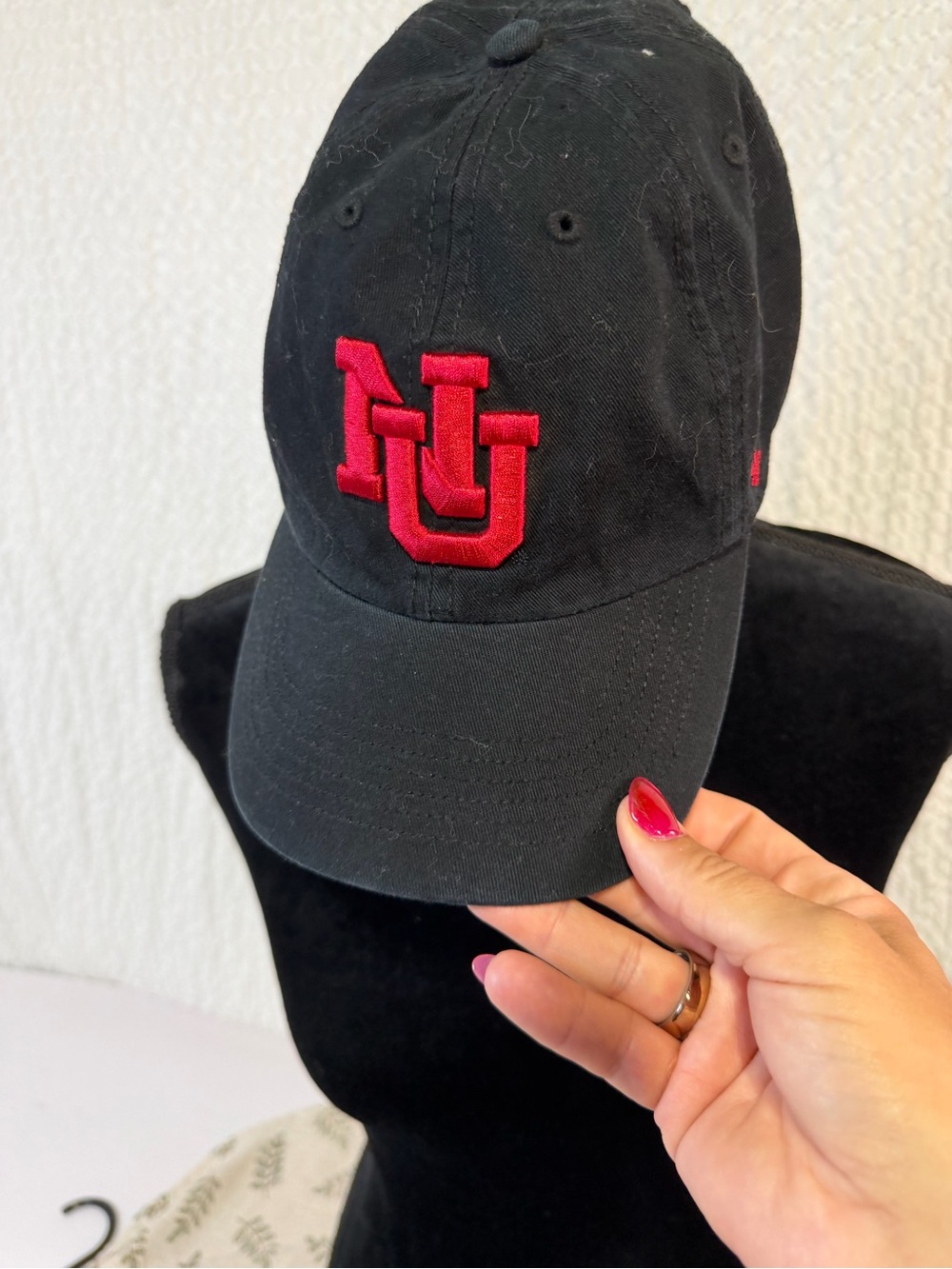 Black Baseball Cap with Red Embroidered 'NU' Accent